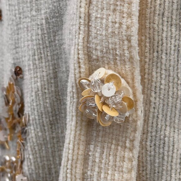 Vintage Snowflake Sequin Chenille Cardigan Sweater Womens Faux Fur Collar Cream - Picture 3 of 8